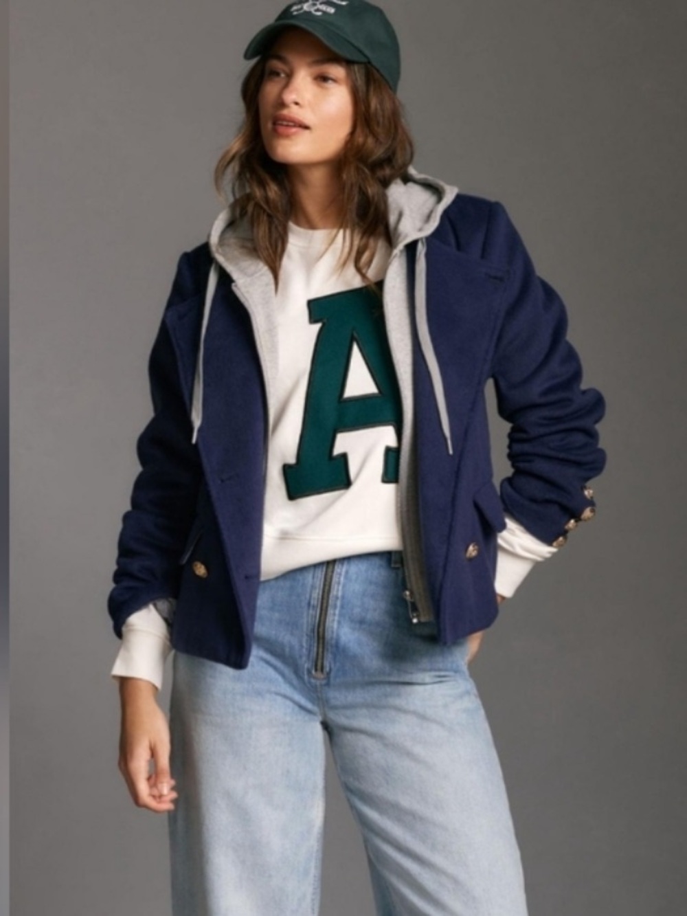 Maeve by Anthropologie Twofer Hoodie Peacoat Jacket Size M Navy Preppy Fall